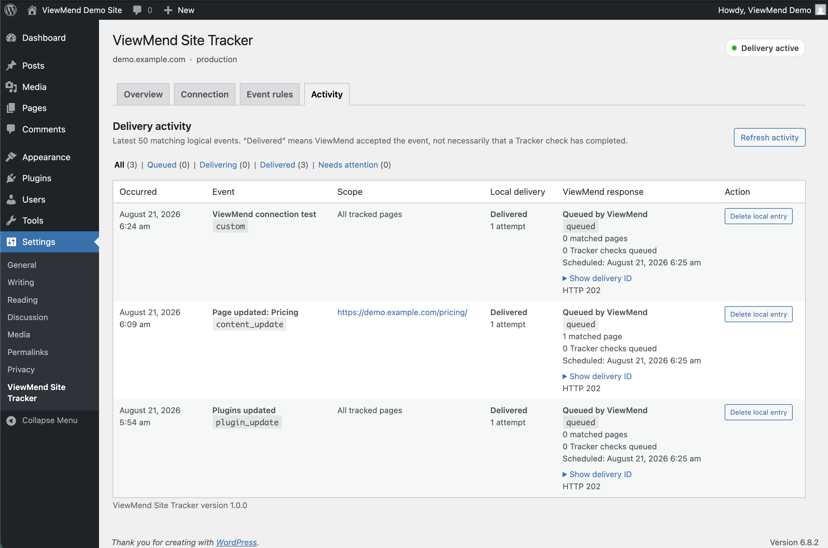 Activity separates local delivery status from the queue state and matched-page response returned by ViewMend.