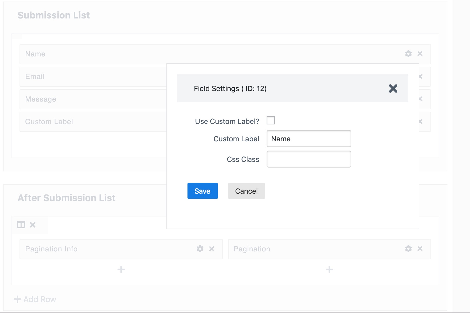 Settings for each column field.