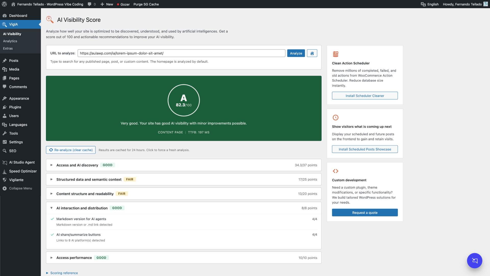 AI Visibility Analyzer with score, grade, and recommendations