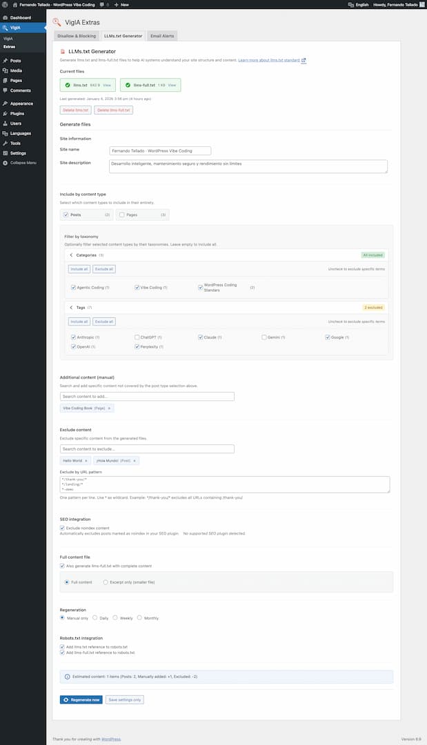 Extras page - LLMs.txt generator with content type selection