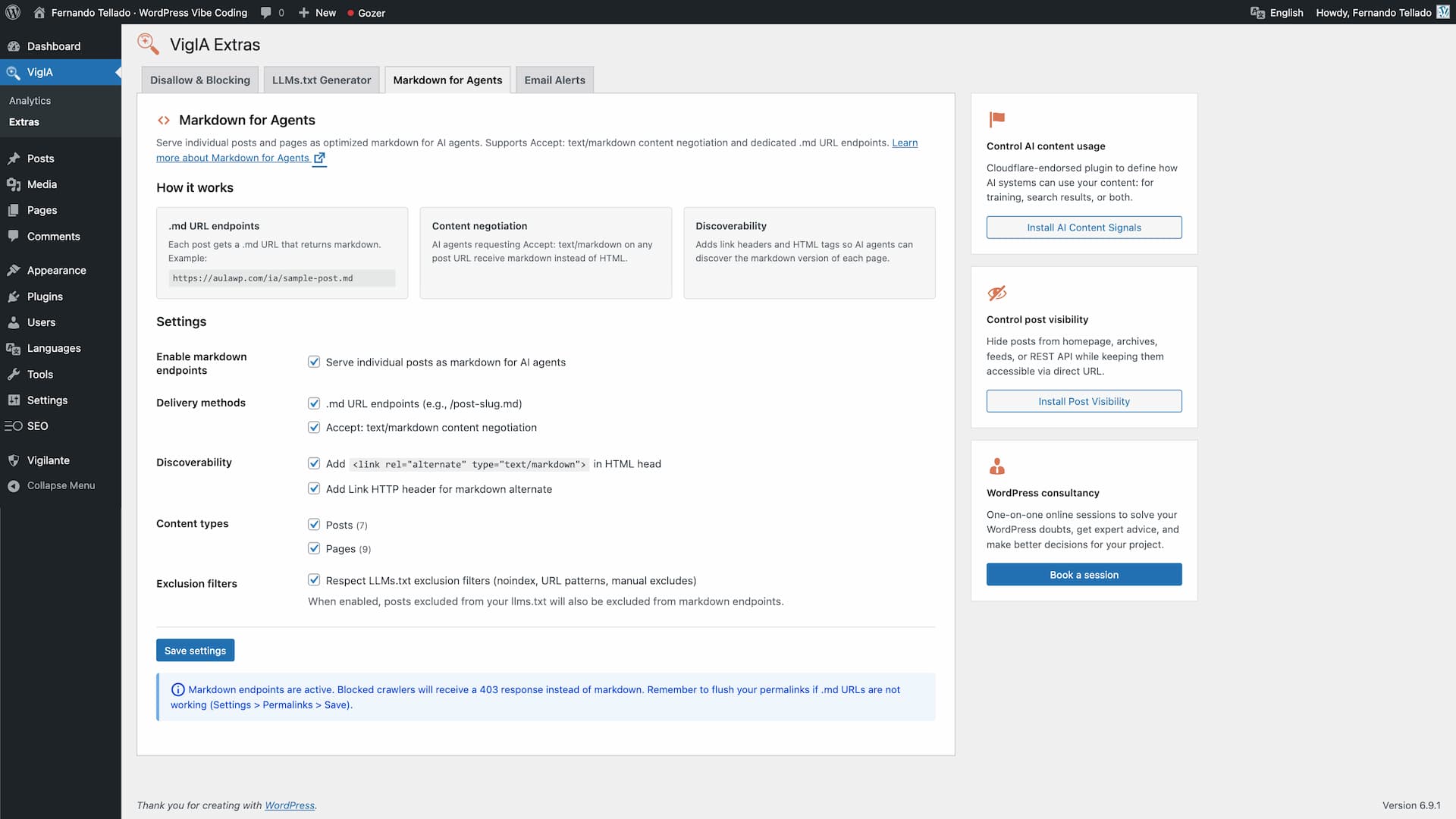 Extras page - Markdown for Agents configuration