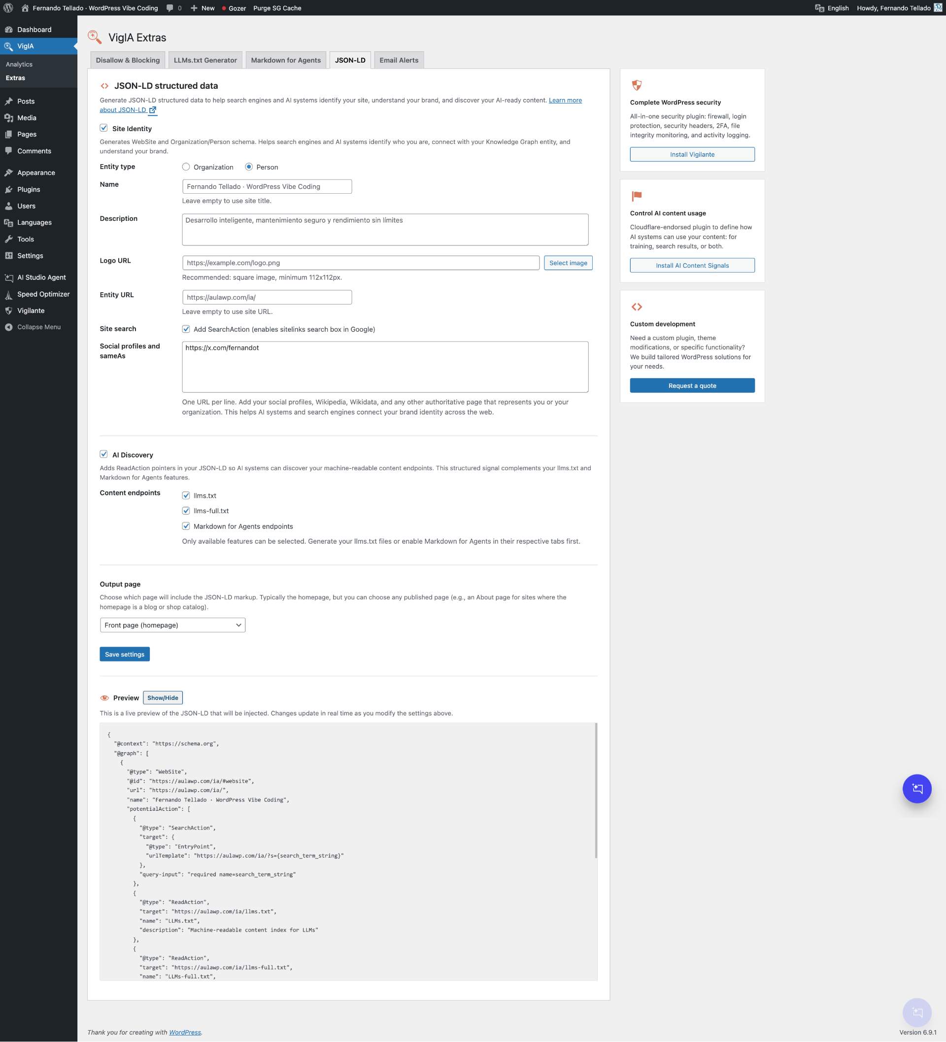 Extras page - JSON-LD structured data configuration