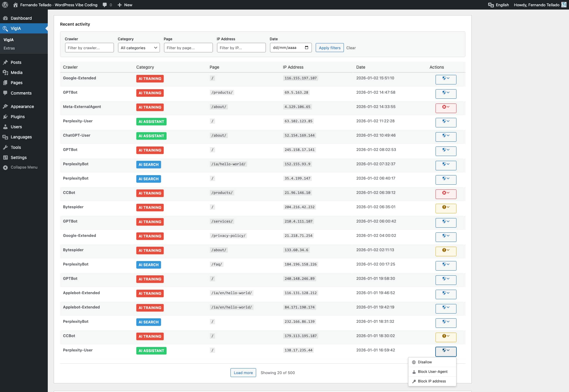 Recent activity log with filtering