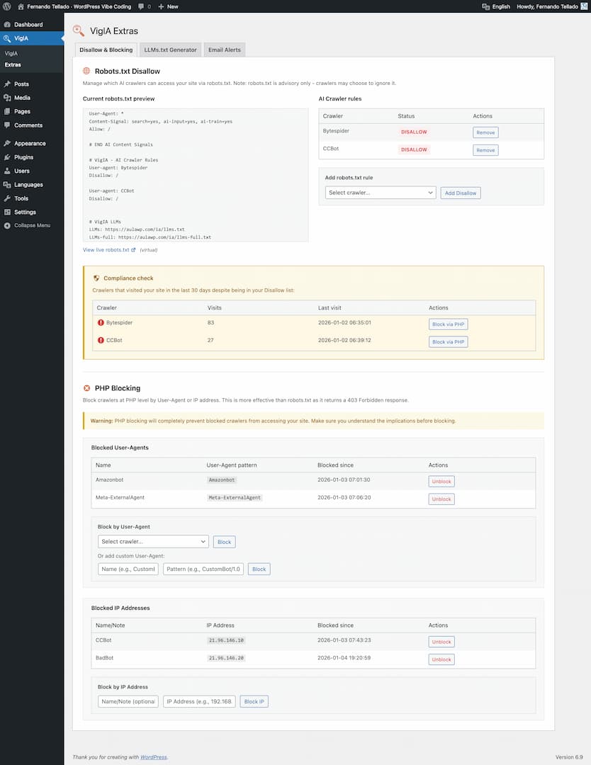 Extras page - Robots.txt management and blocking