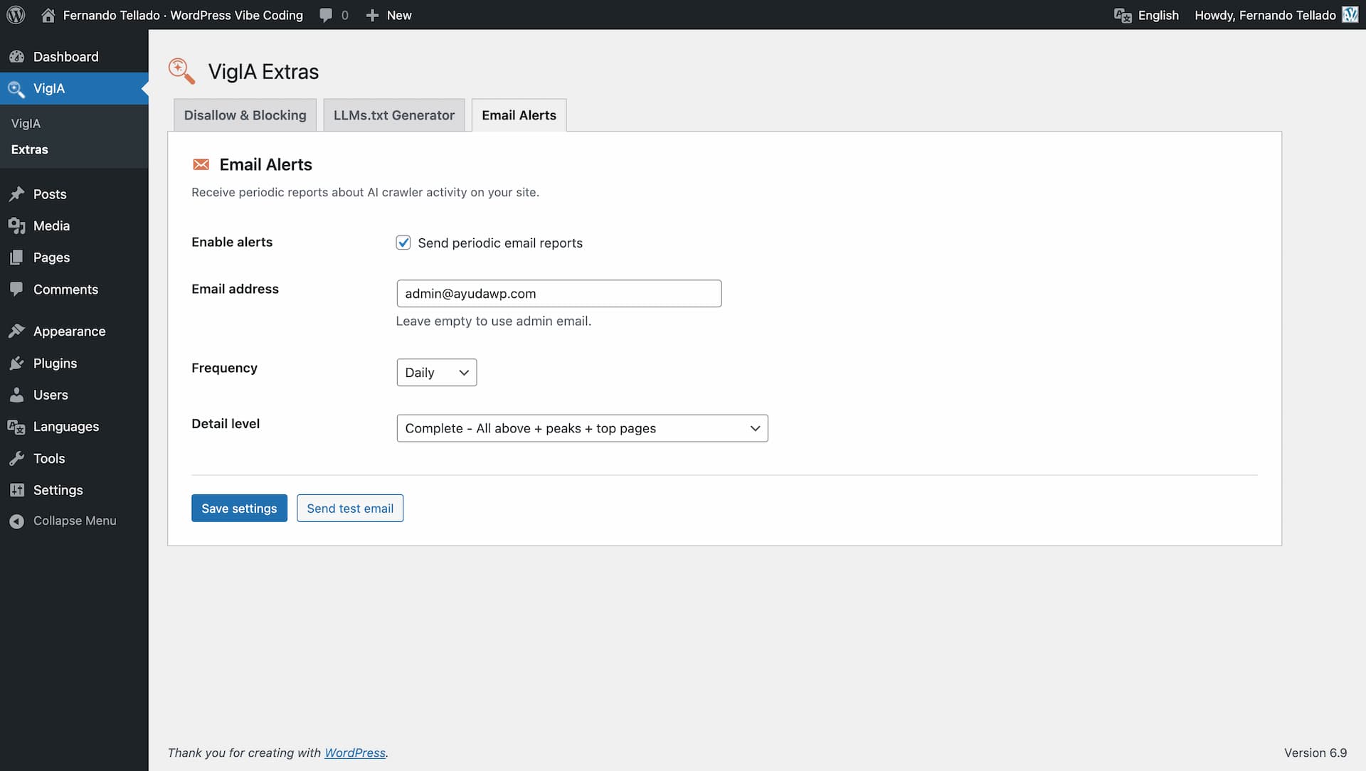 Extras page - Email alerts configuration