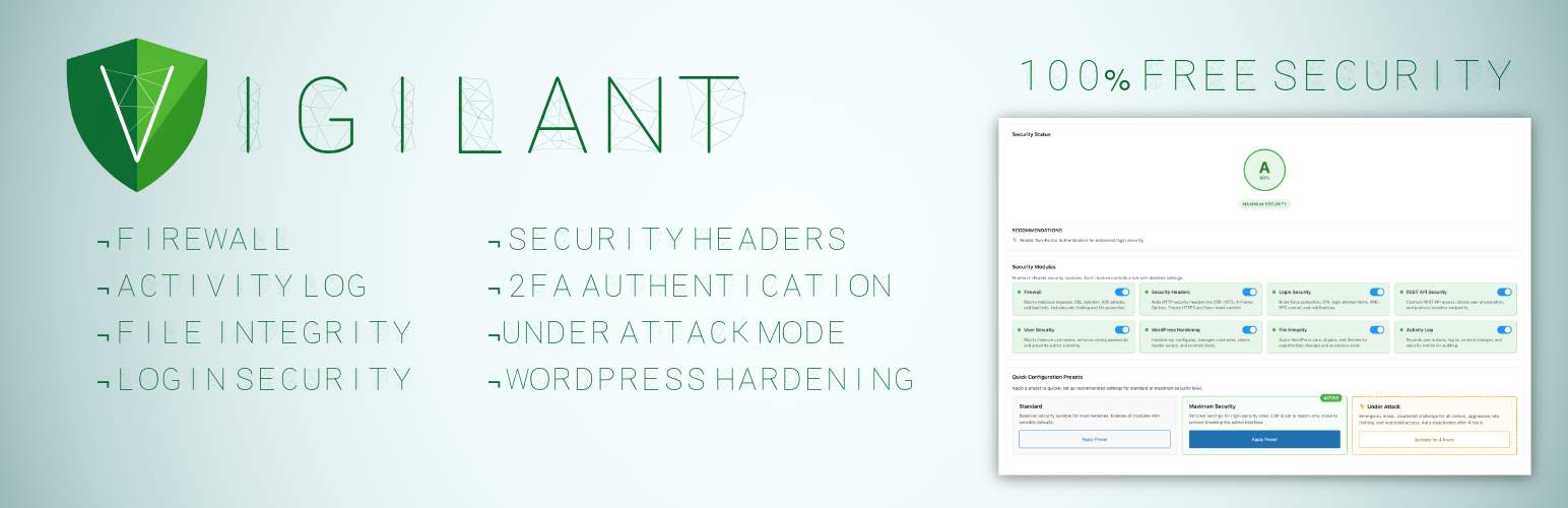 Vigilant — 100% Free Security Suite: Firewall, 2FA, Login, Headers, Scanner…