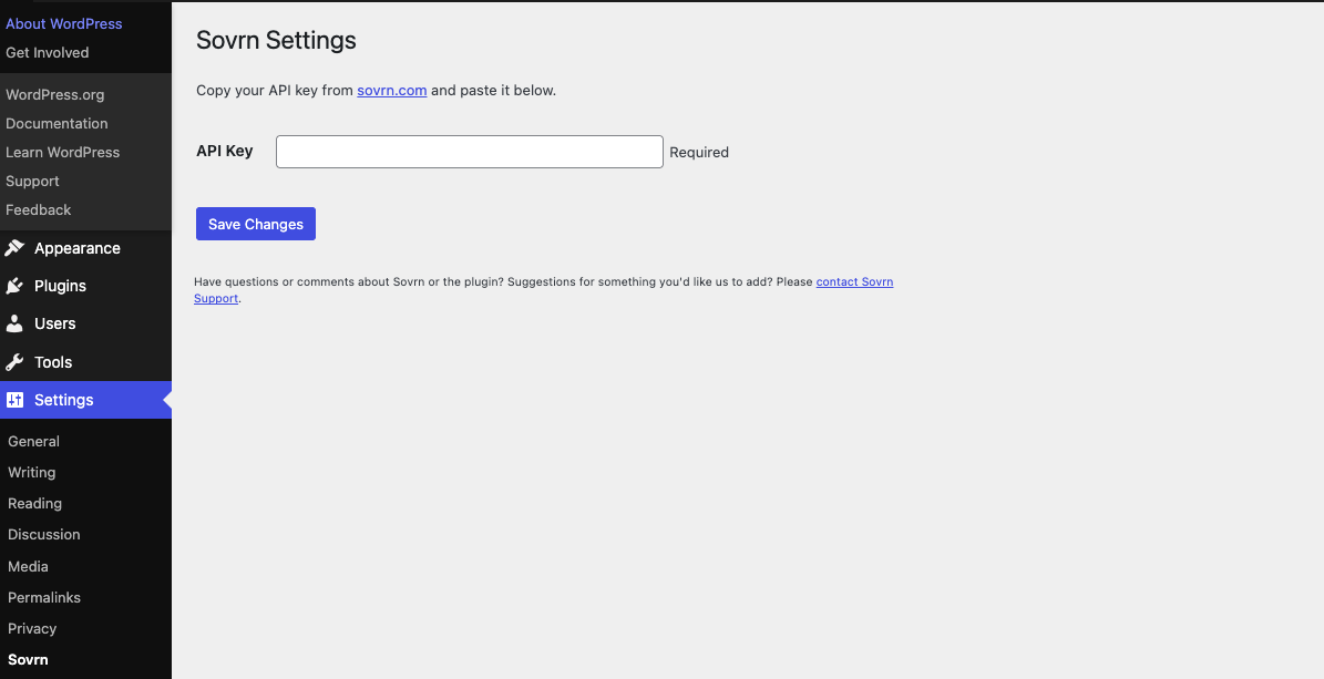 The Settings Page - Once you're signed up at sovrn.com, copy and paste your Sovrn key from your account, and click the key icon next to the site you are using.