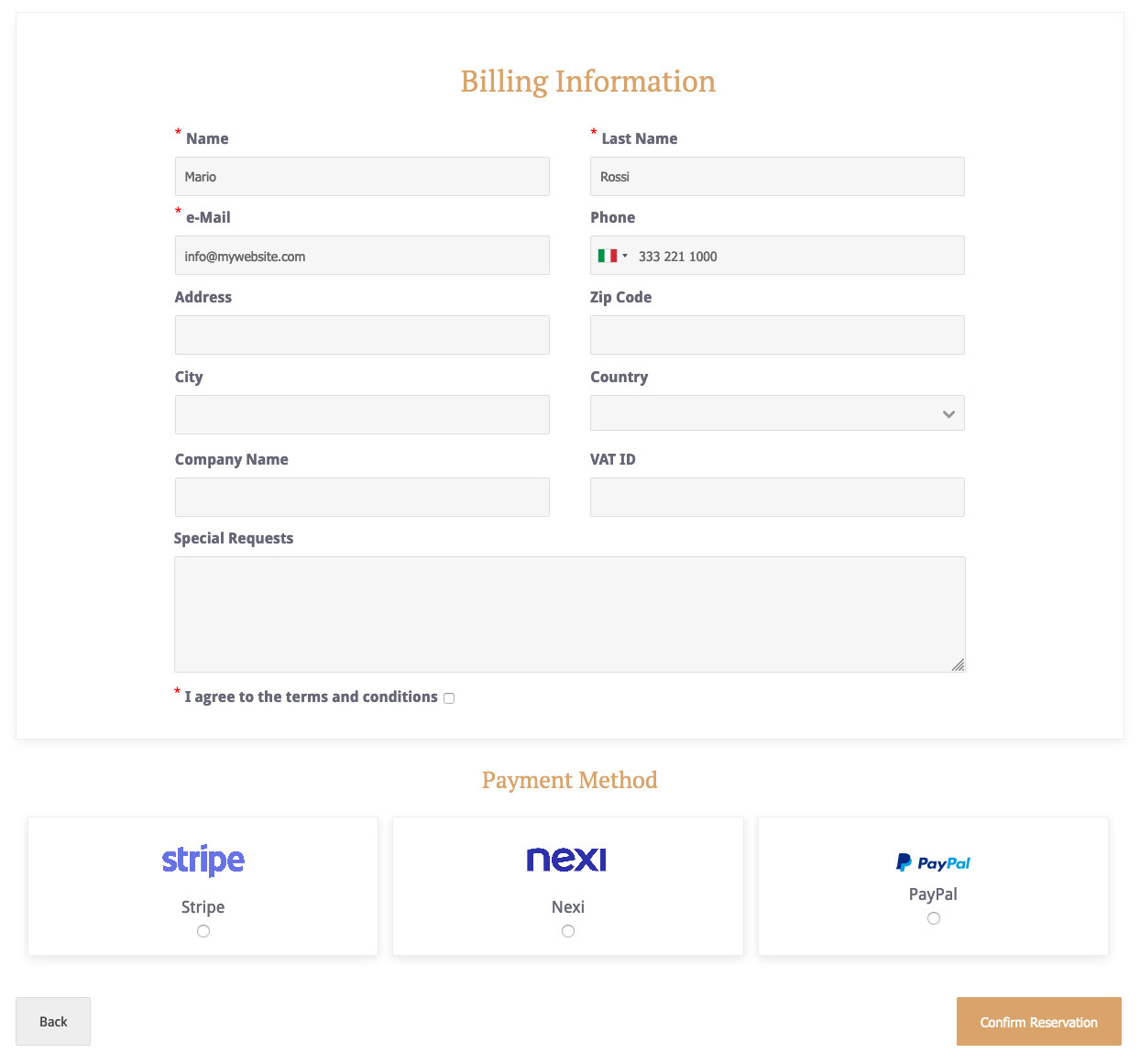 Direct Reservations from your website: online payments via credit card.