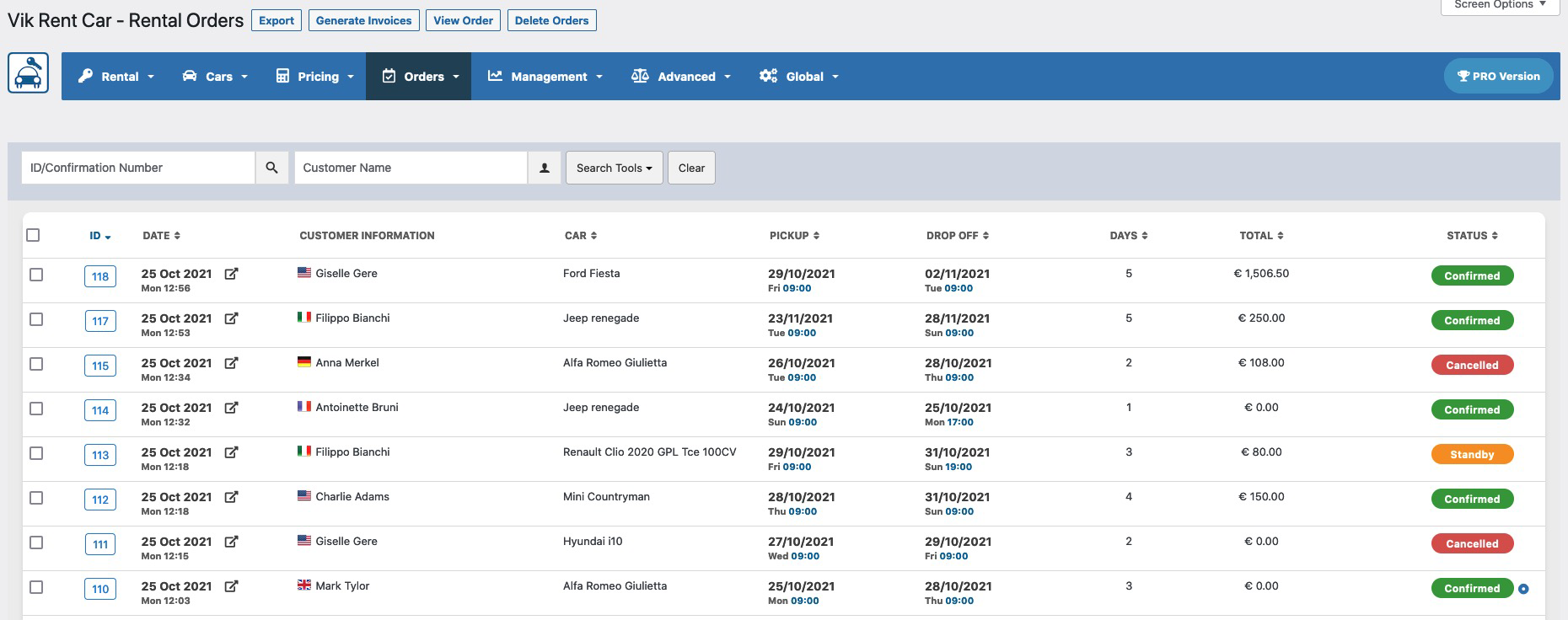 Rental Orders List: all the reservations made by your clients.