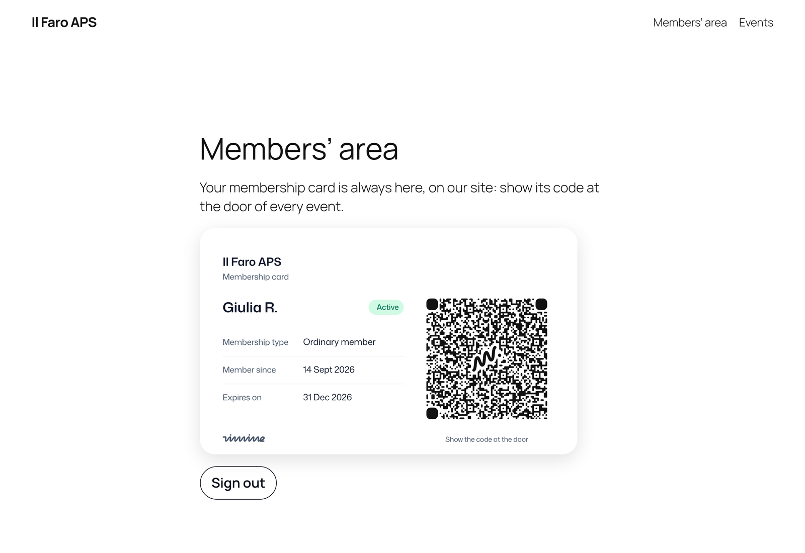 The members' area of the association's site after "Sign in with Vimine": the member's card, with the code to show at the door.