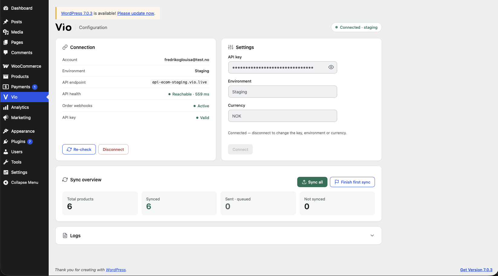 The Vio configuration screen — connection status, settings and sync overview.