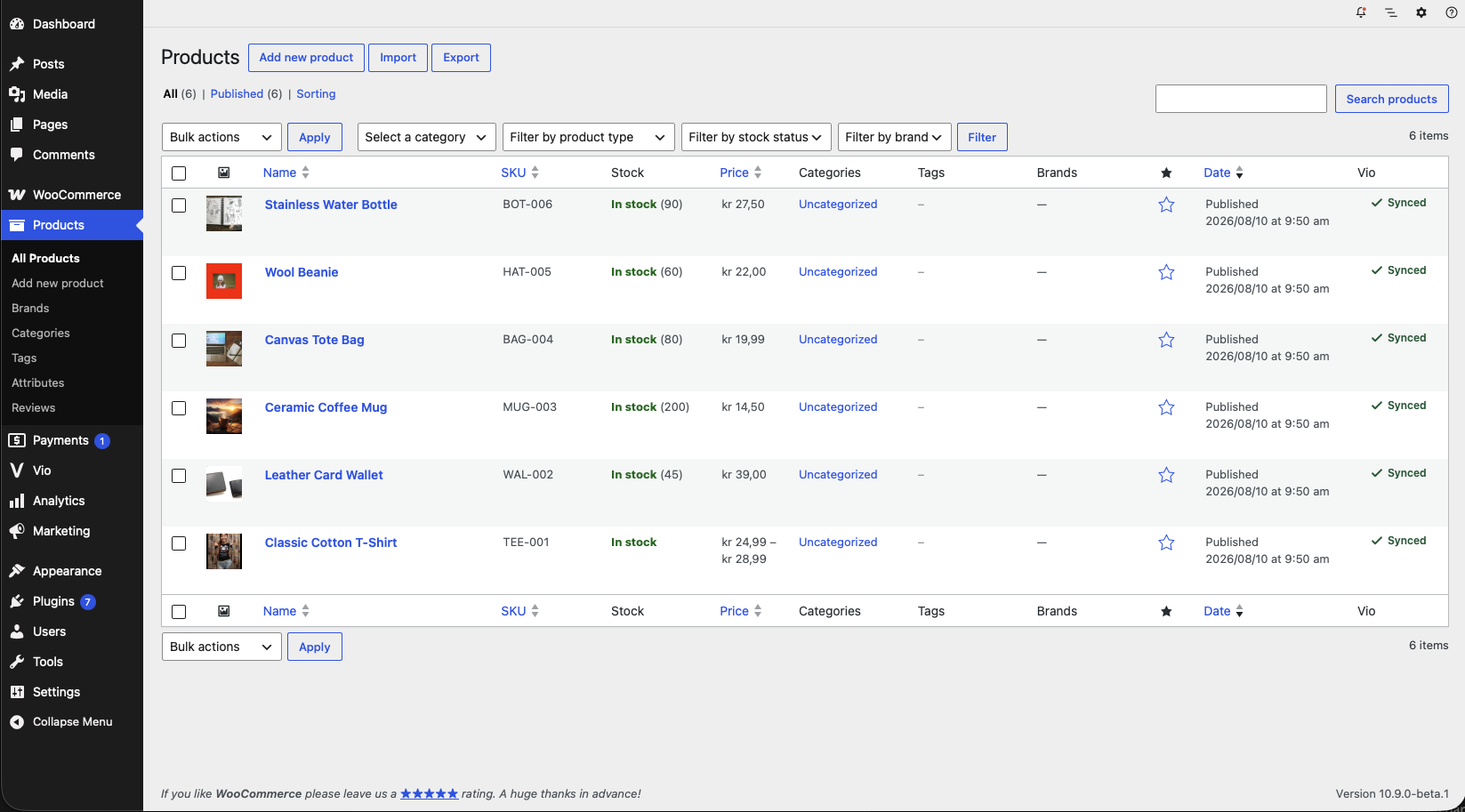 The product list with the Vio "Synced" status column and bulk actions (Sync, Unsync, Delete from Vio).