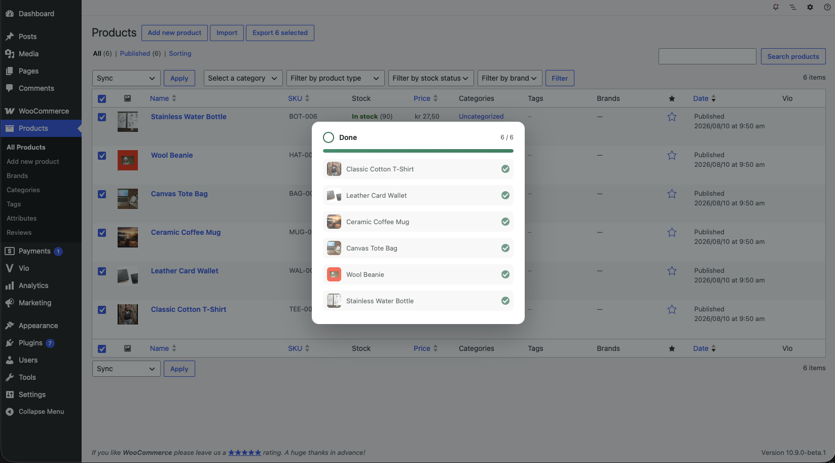 Bulk-syncing products to Vio with live progress.