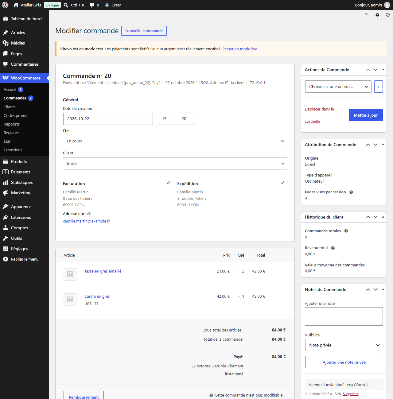 A paid order: the signed webhook has confirmed the transfer and the order moved to "Processing".