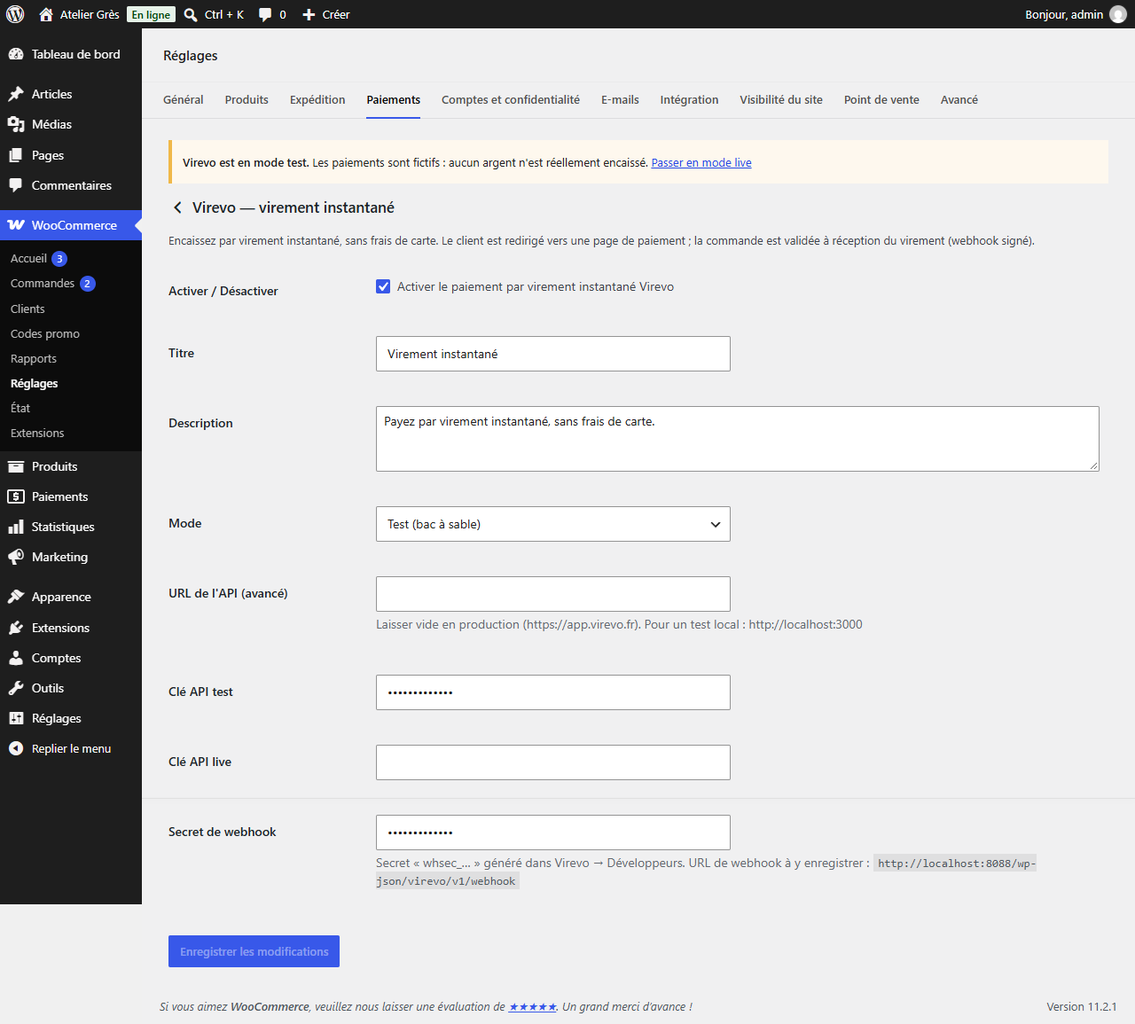 Plugin settings: test and live API keys, webhook secret and the webhook URL to register in Virevo.