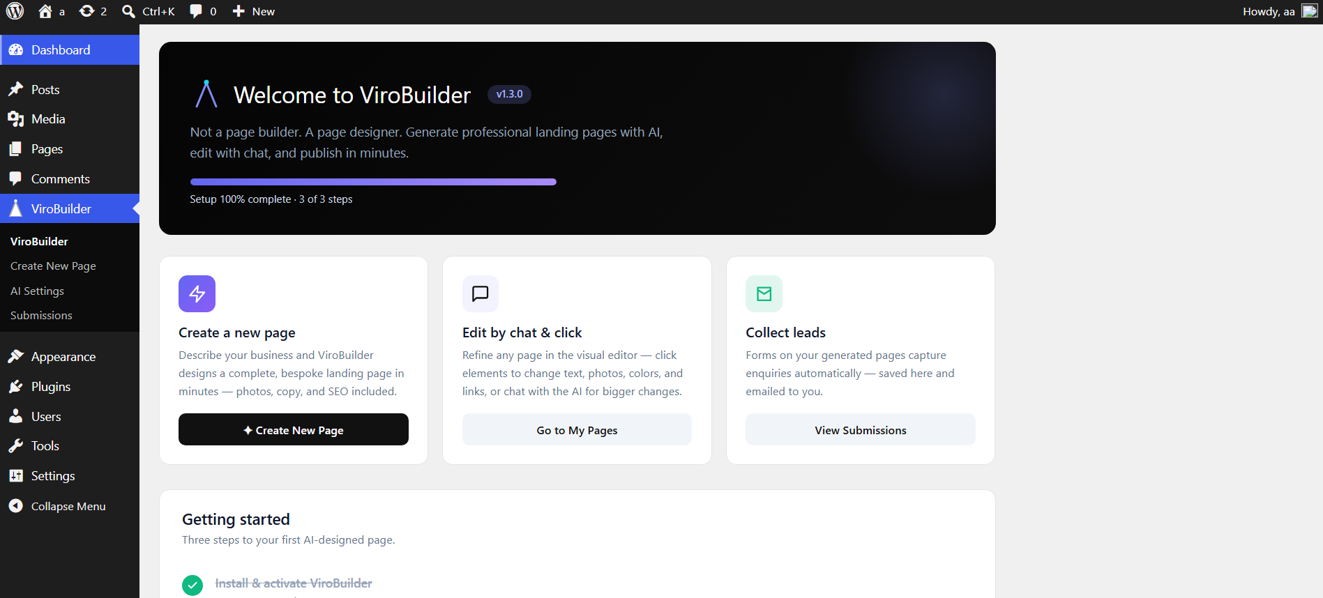 The ViroBuilder dashboard — create a new page, edit existing pages by chat and click, and view lead-form submissions, all from one place.