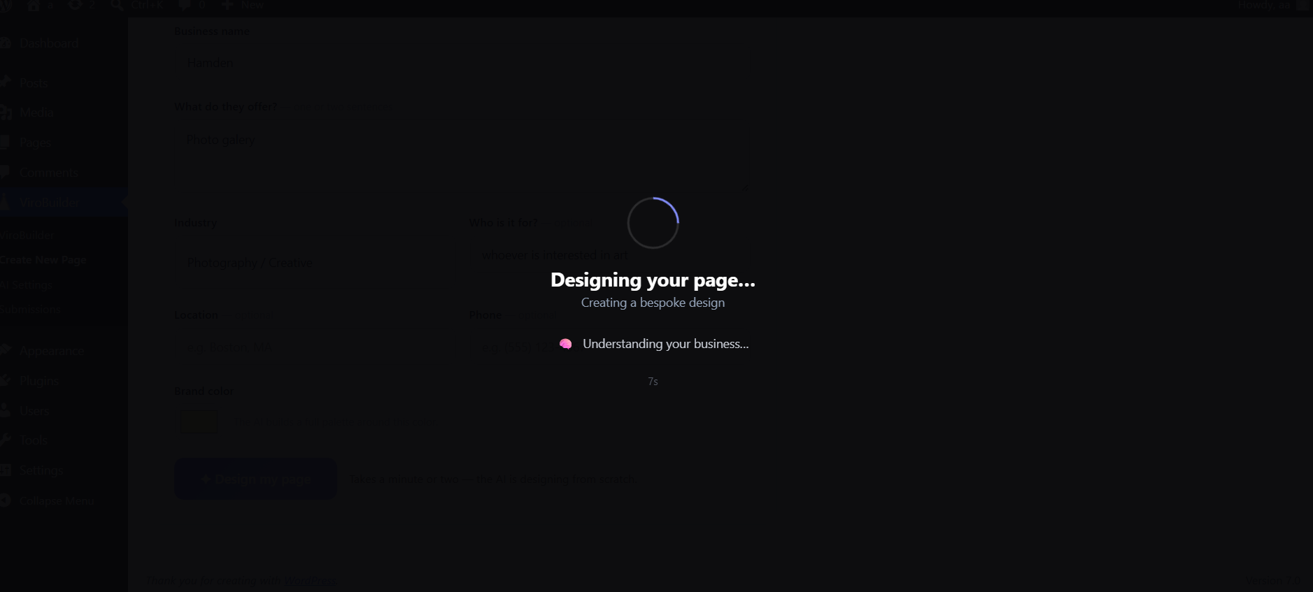 ViroBuilder designing a page — the AI builds a complete, bespoke layout with copy and photos in a couple of minutes.