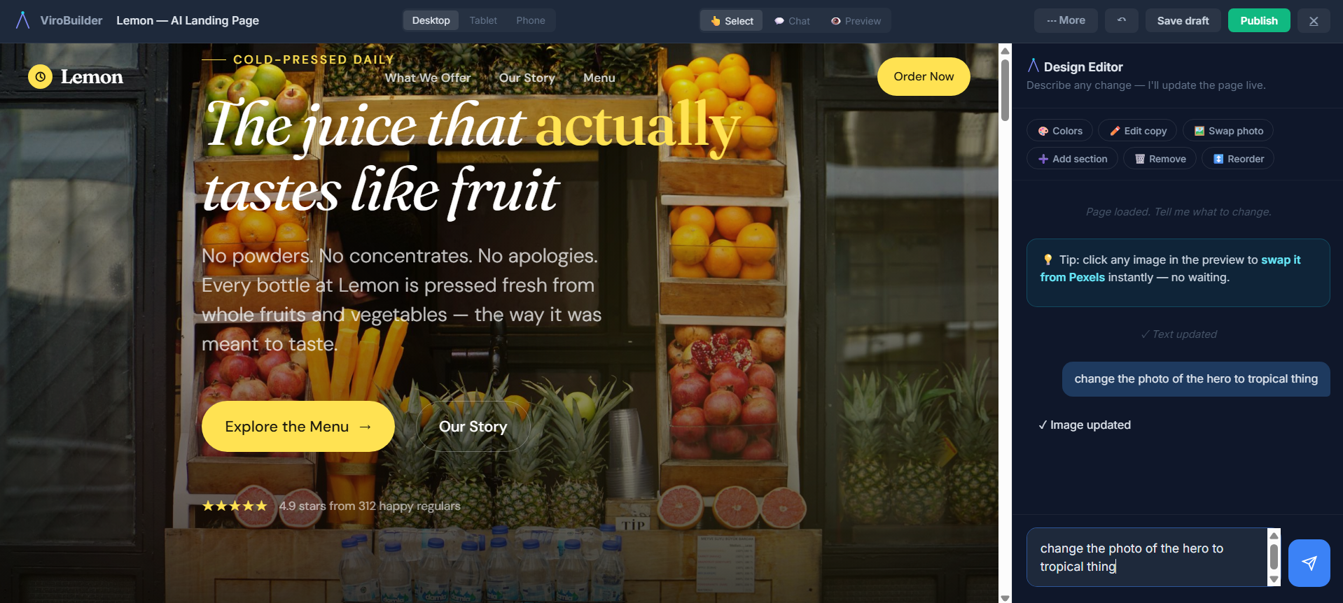 The visual editor — click any element to edit it, swap photos from Pexels, or describe a change in plain language and the AI updates the page live.