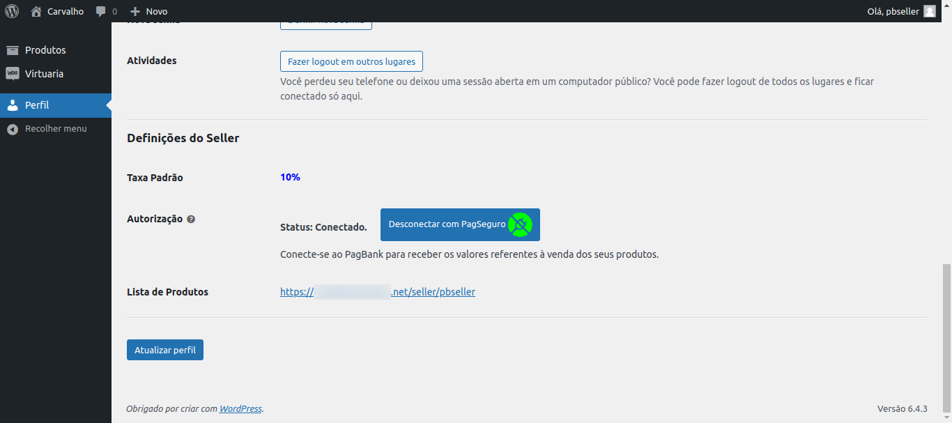 Perfil do seller - conexão PagBank;