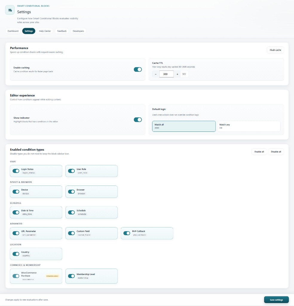 Settings - caching, editor indicators, and enabled condition types