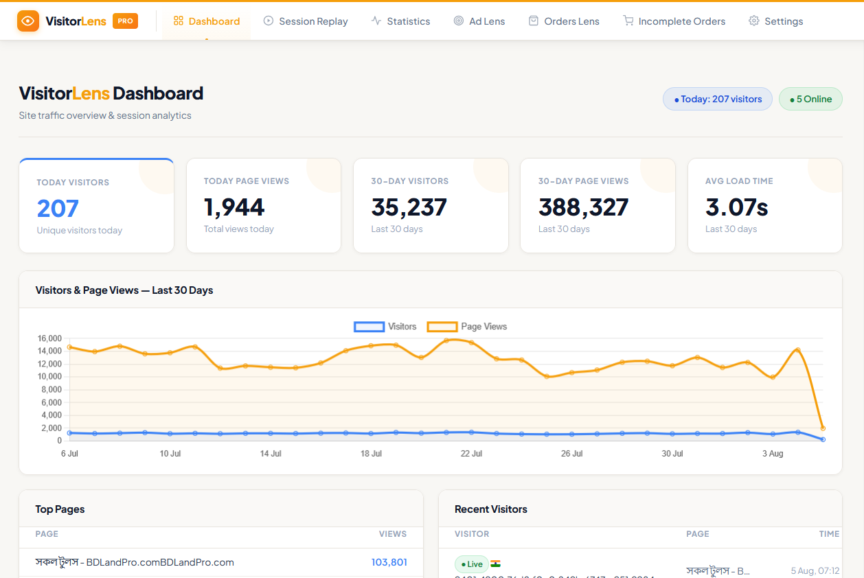 Dashboard — KPI cards, visitor trend chart, top pages, and live visitor count.