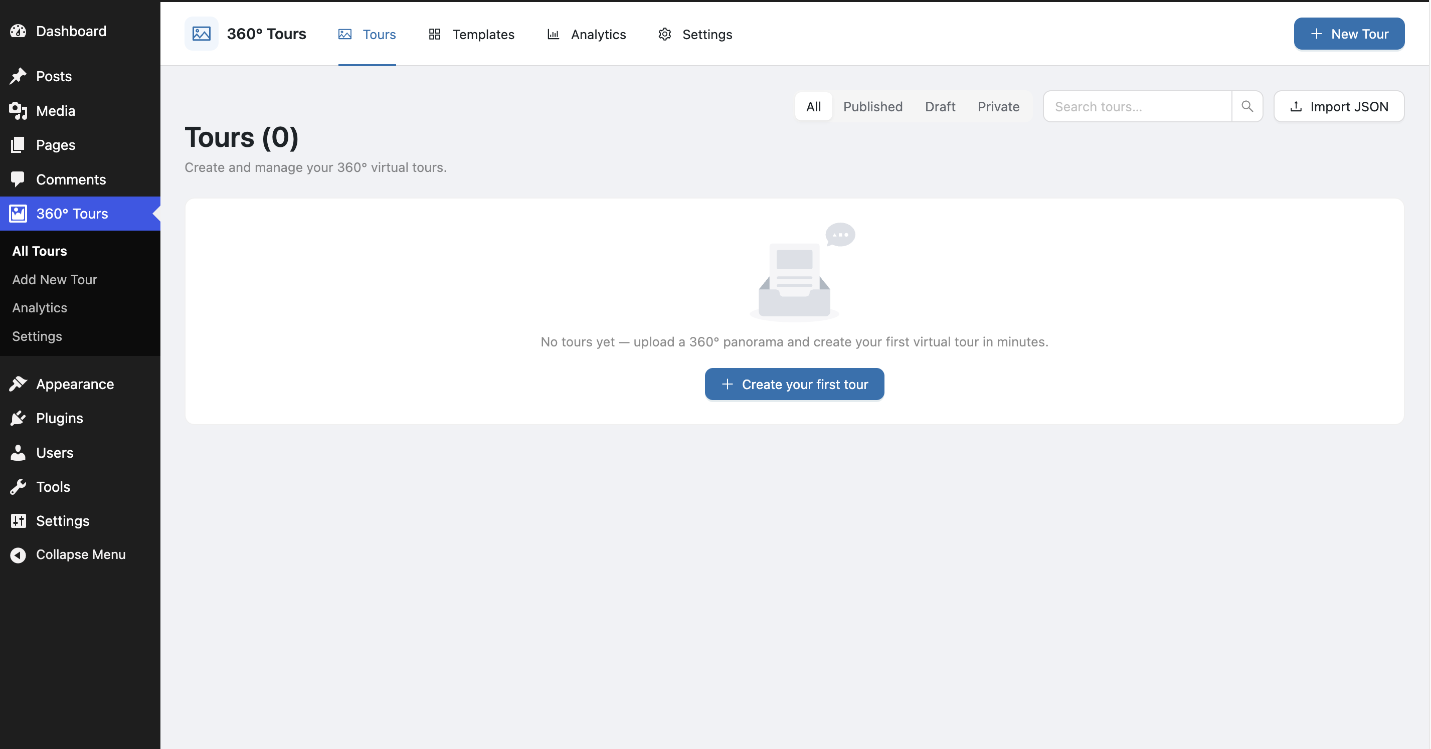 Tours list with status filters and search