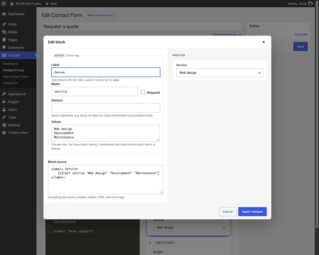 Edit any field in one click: label, name, required, options and choices, with a live preview.