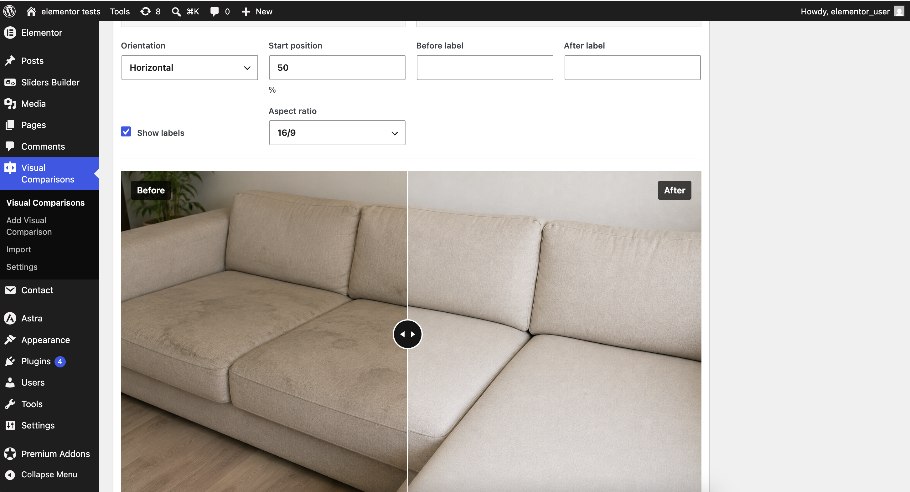 Frontend before-and-after image comparison with visible labels and interactive divider.
