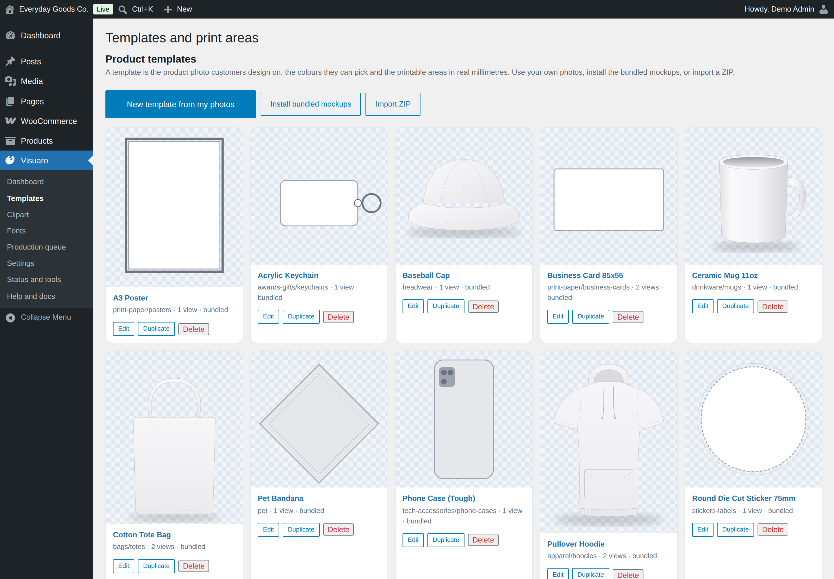 Production queue with previews, print file downloads, status tracking and bulk generation.