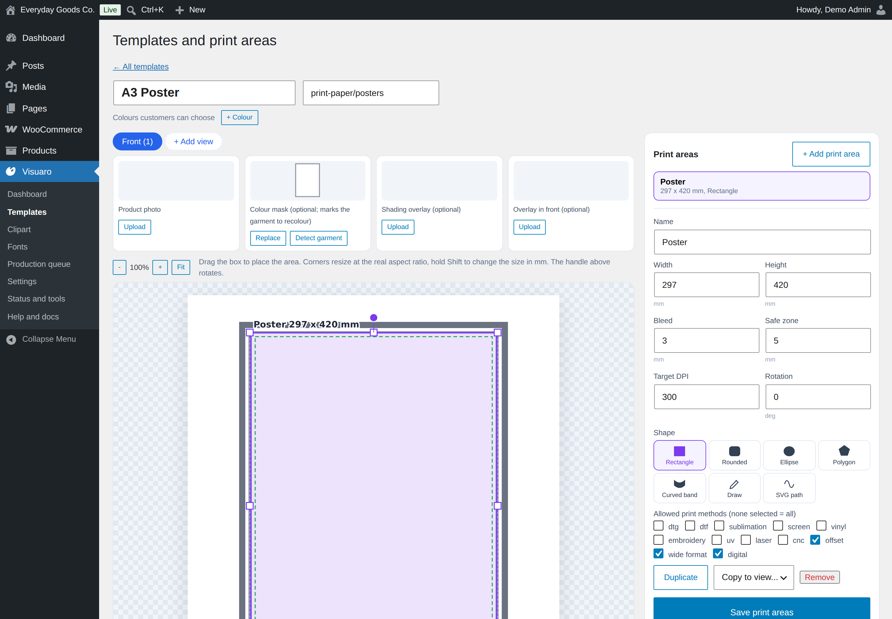 The Visuaro dashboard: designer opens, saved designs, add to cart rate and print file status for the last 30 days, a getting started list and background jobs.