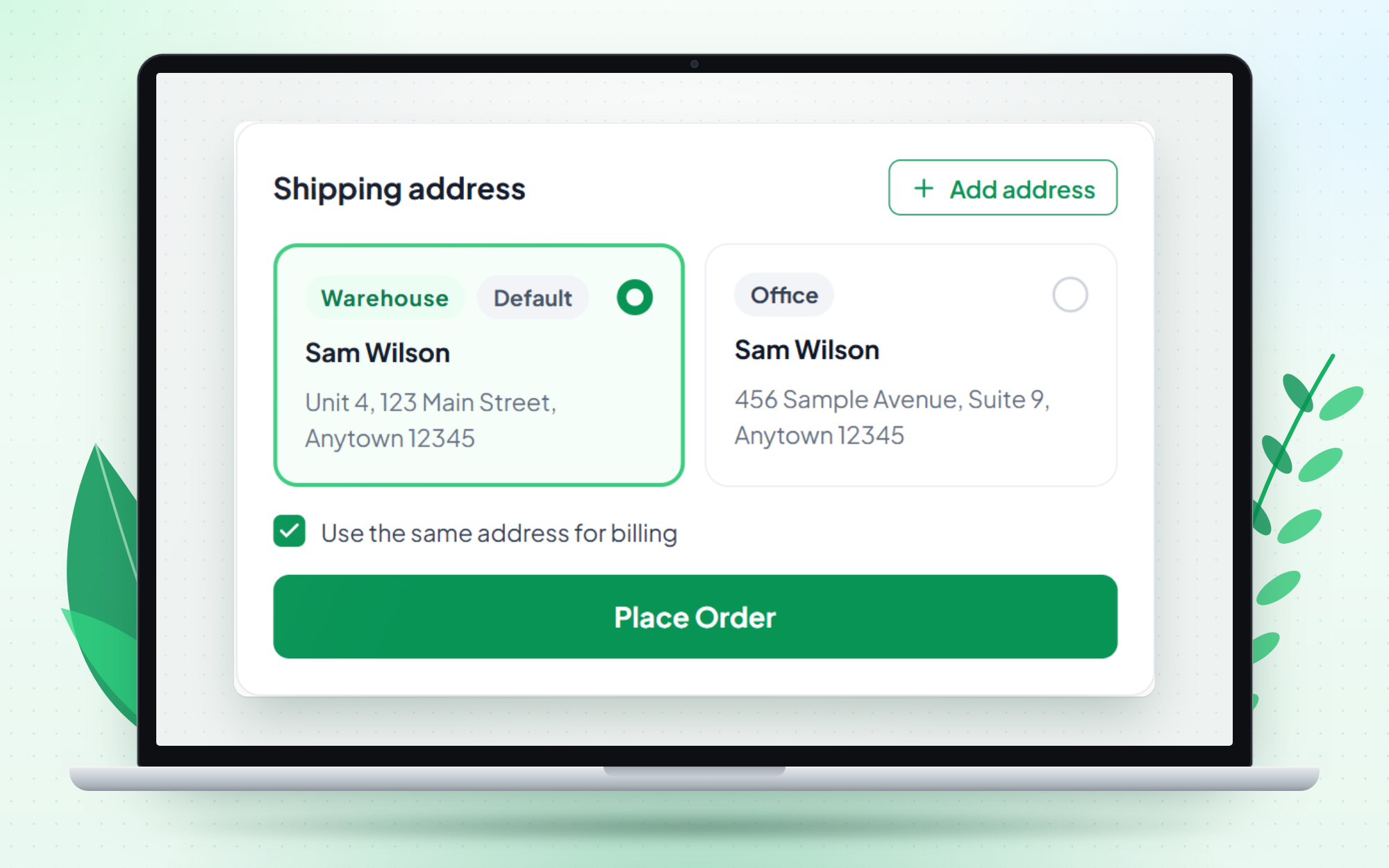 Address book in My Account and an address picker at checkout (Pro).