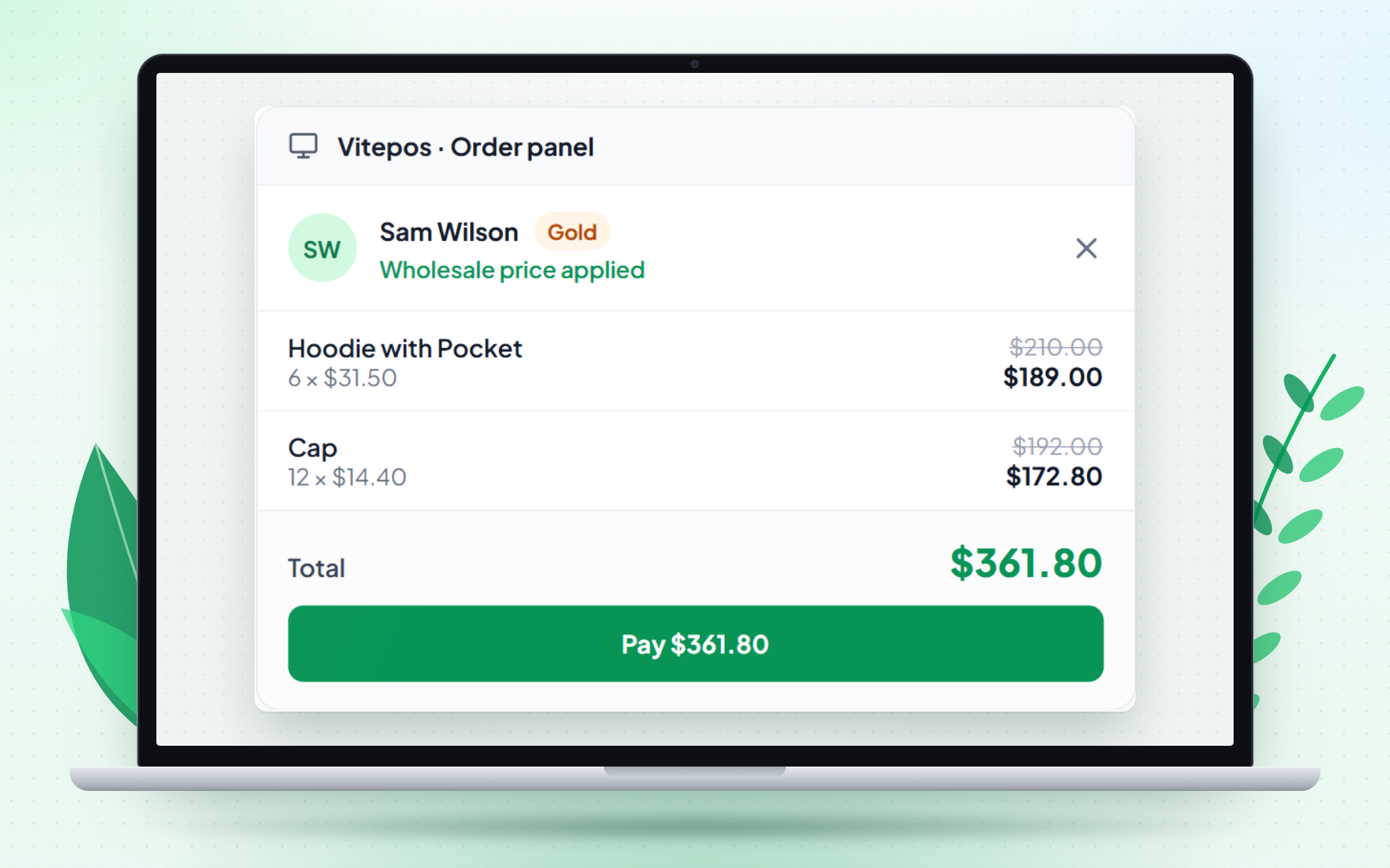 Vitepos order panel: select a wholesale customer and every product gets their wholesale price (Pro).