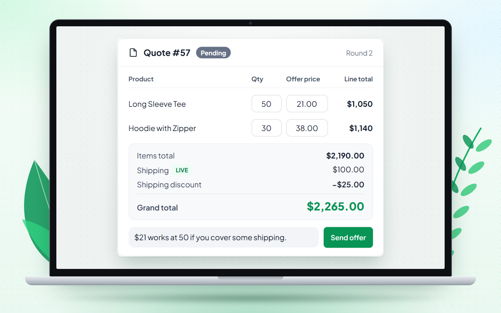 Quote requests with offer prices and a shipping calculator (Pro).