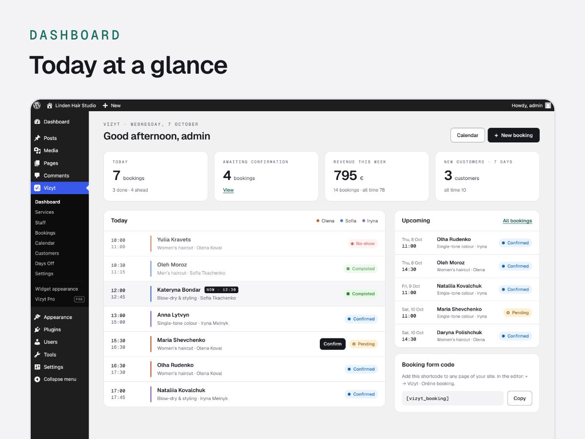 Dashboard: today's bookings, bookings waiting for confirmation and this week's revenue on one screen.