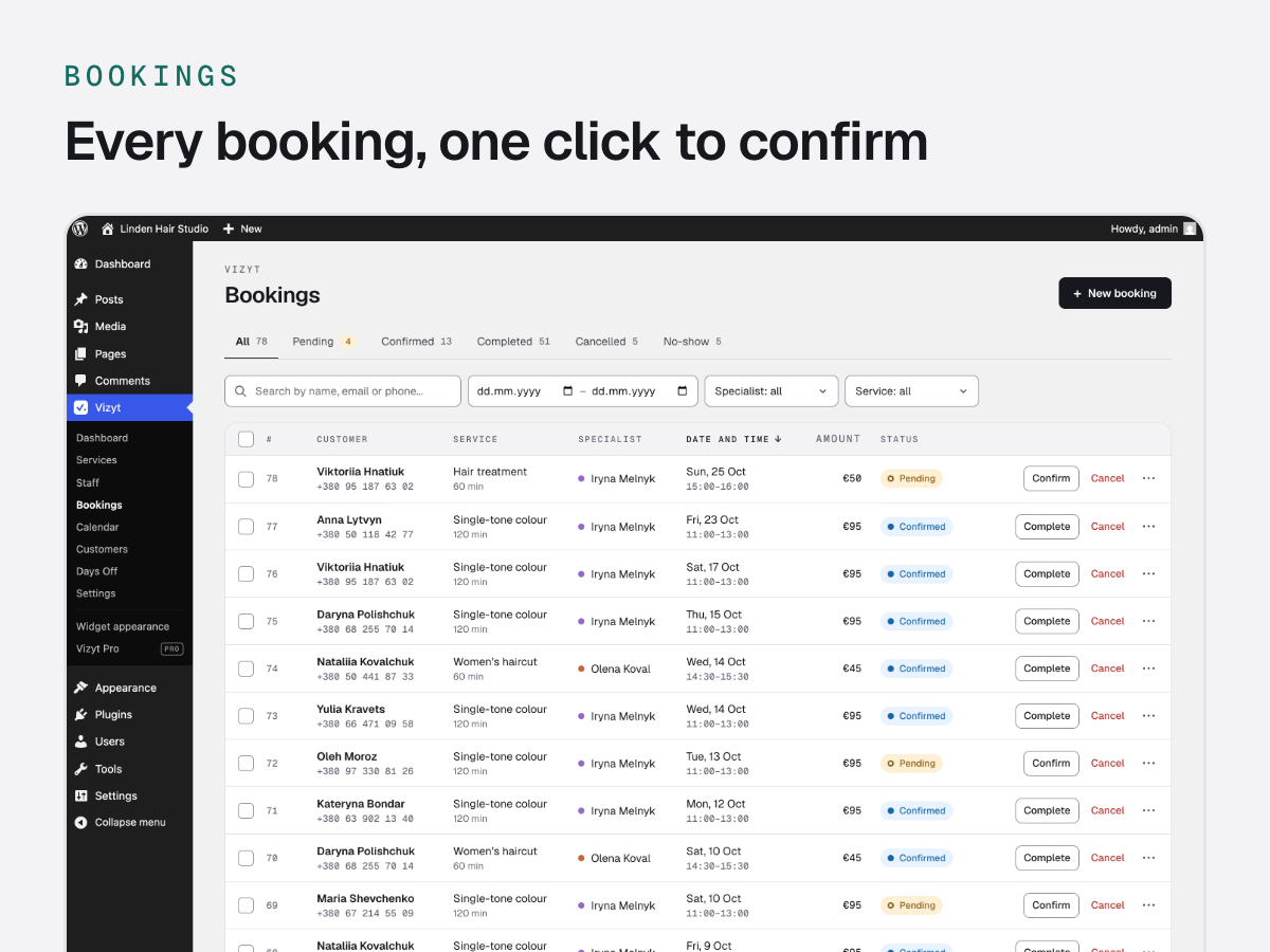 Bookings: filter by date, status, specialist or service; confirm, complete or cancel in place.