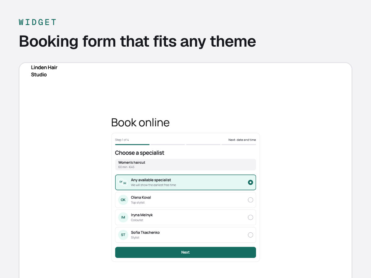 Booking form: mobile-first, five short steps, "any available specialist" first.