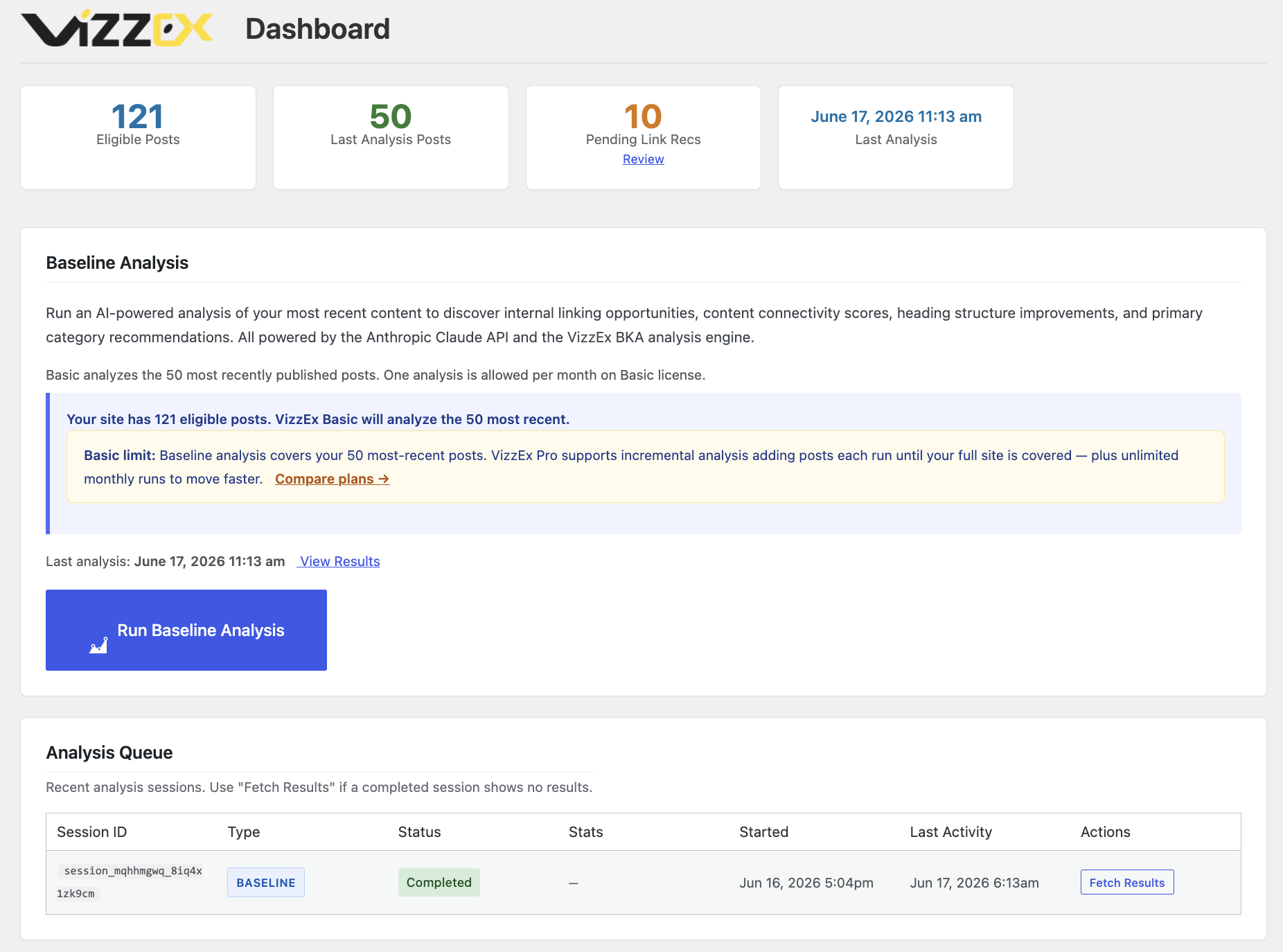 Dashboard — Run a Baseline Analysis and kick off your first content structure review
