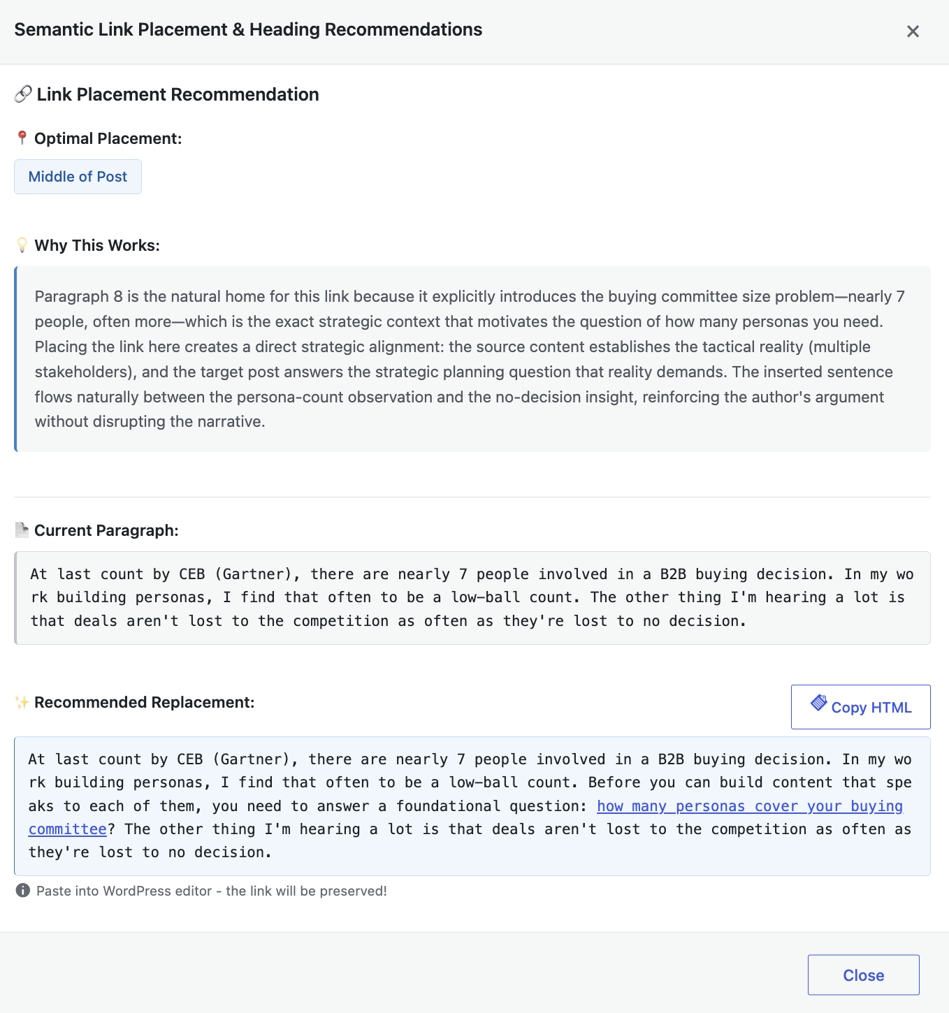 Semantic Link Text — AI-generated paragraph replacement with the link naturally embedded