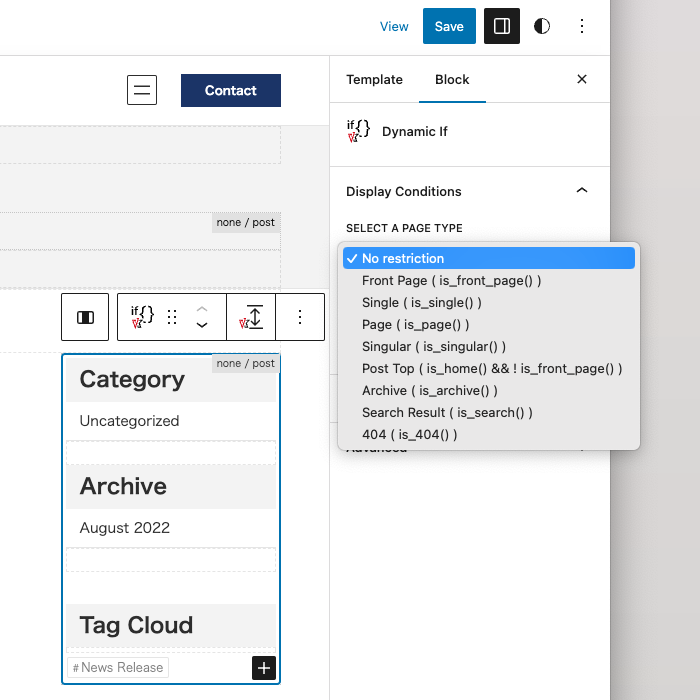 Block settings in the editor sidebar.