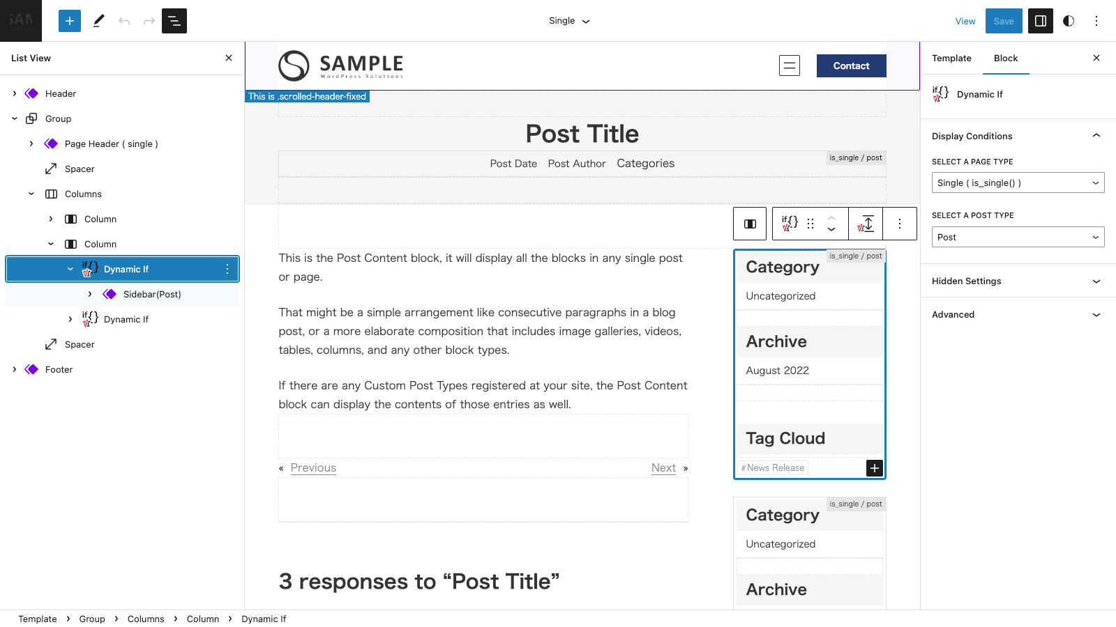 Dynamic If block in the site editor.