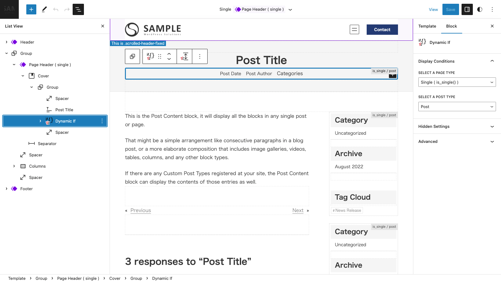 Dynamic If block in the site editor.