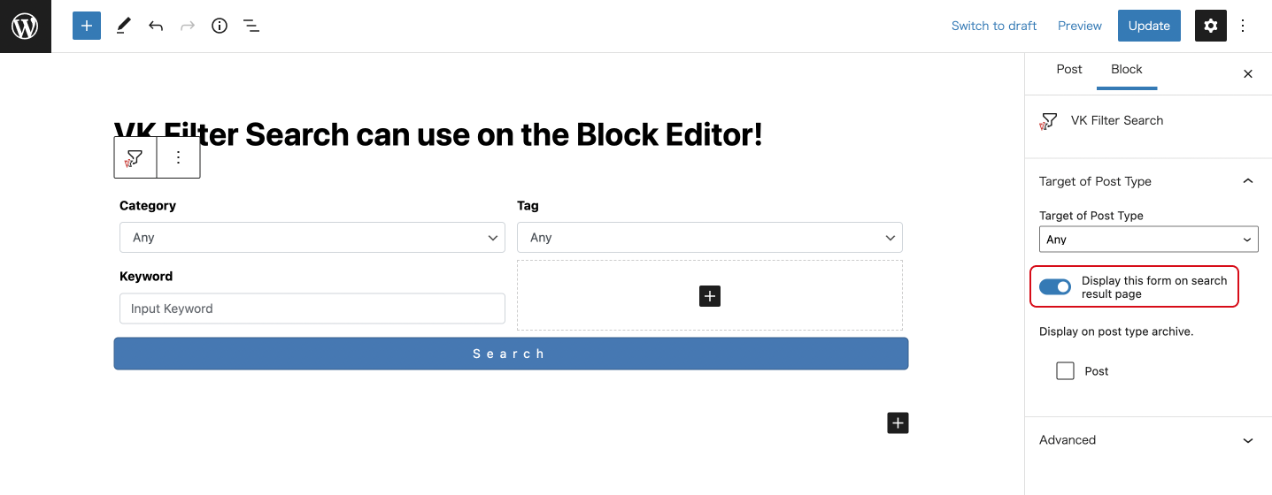 Display this form on your search result page