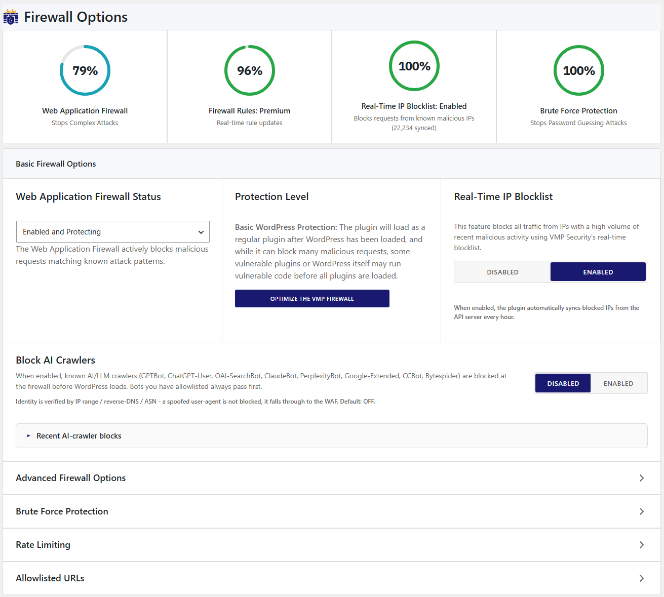 Firewall Configuration - Comprehensive settings for WAF, brute force, and rate limiting
