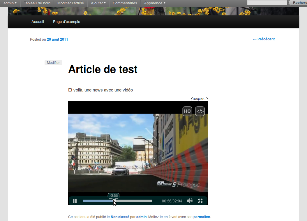 Article créer à l'aide du plugin et dans lequel on peut retrouver une vidéo.