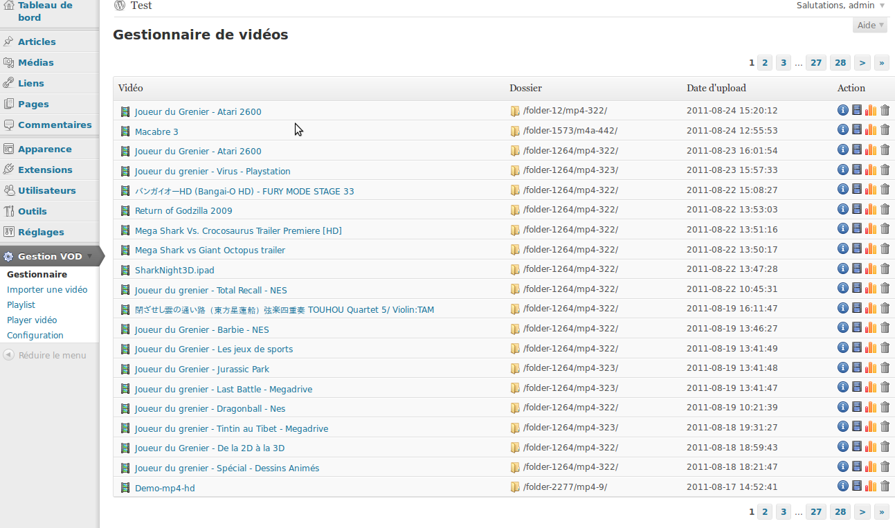 Screenshot montrant le menu d'administration permettant de gérer ses vidéos/players/playlist