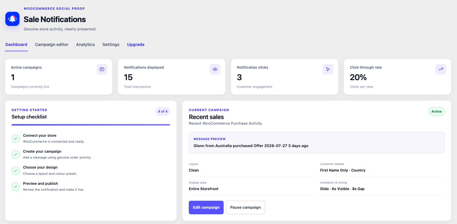 Dashboard overview with campaign status, performance totals and the completed setup checklist.