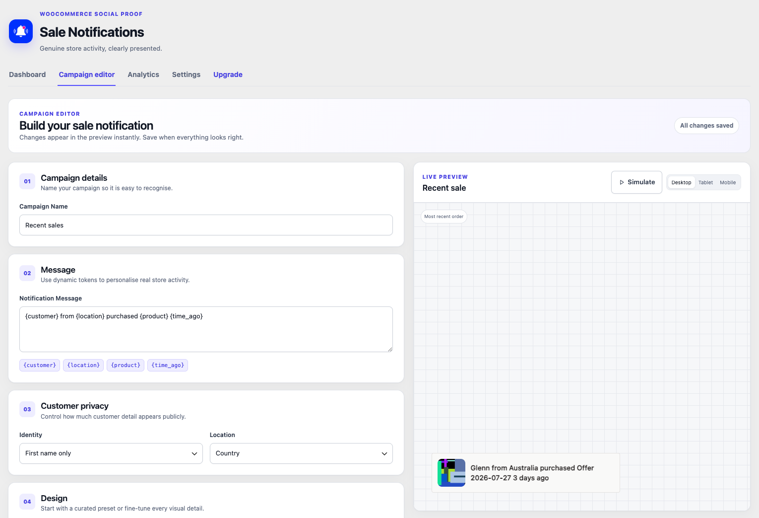 Campaign editor with dynamic message tokens, customer privacy controls and responsive live preview.