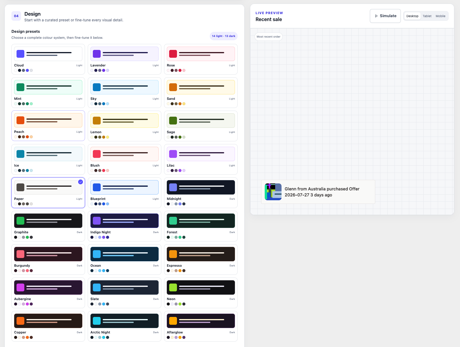 Design preset library with curated light and dark notification styles shown beside the live preview.