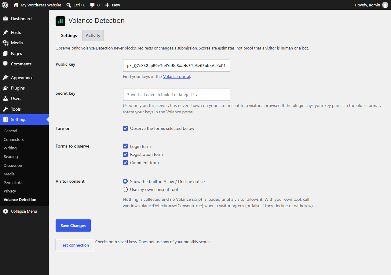 Settings: connect your keys, choose forms and consent.