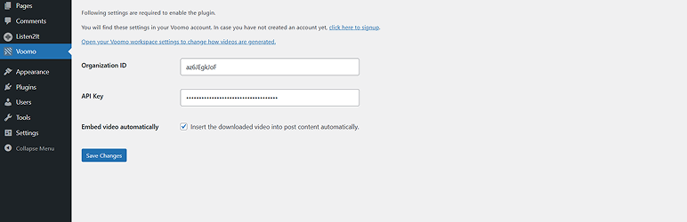 WordPress dashboard settings screen with Organization ID and API Key fields (plus auto-embed toggle).